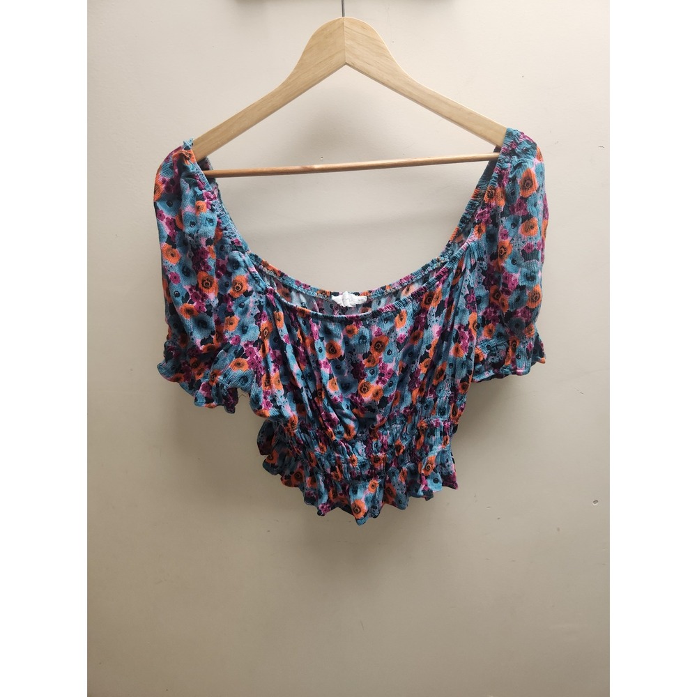 All In Favor Floral Smocked Crop Top Blue Orange Puff Sleeve XL Boho Festival